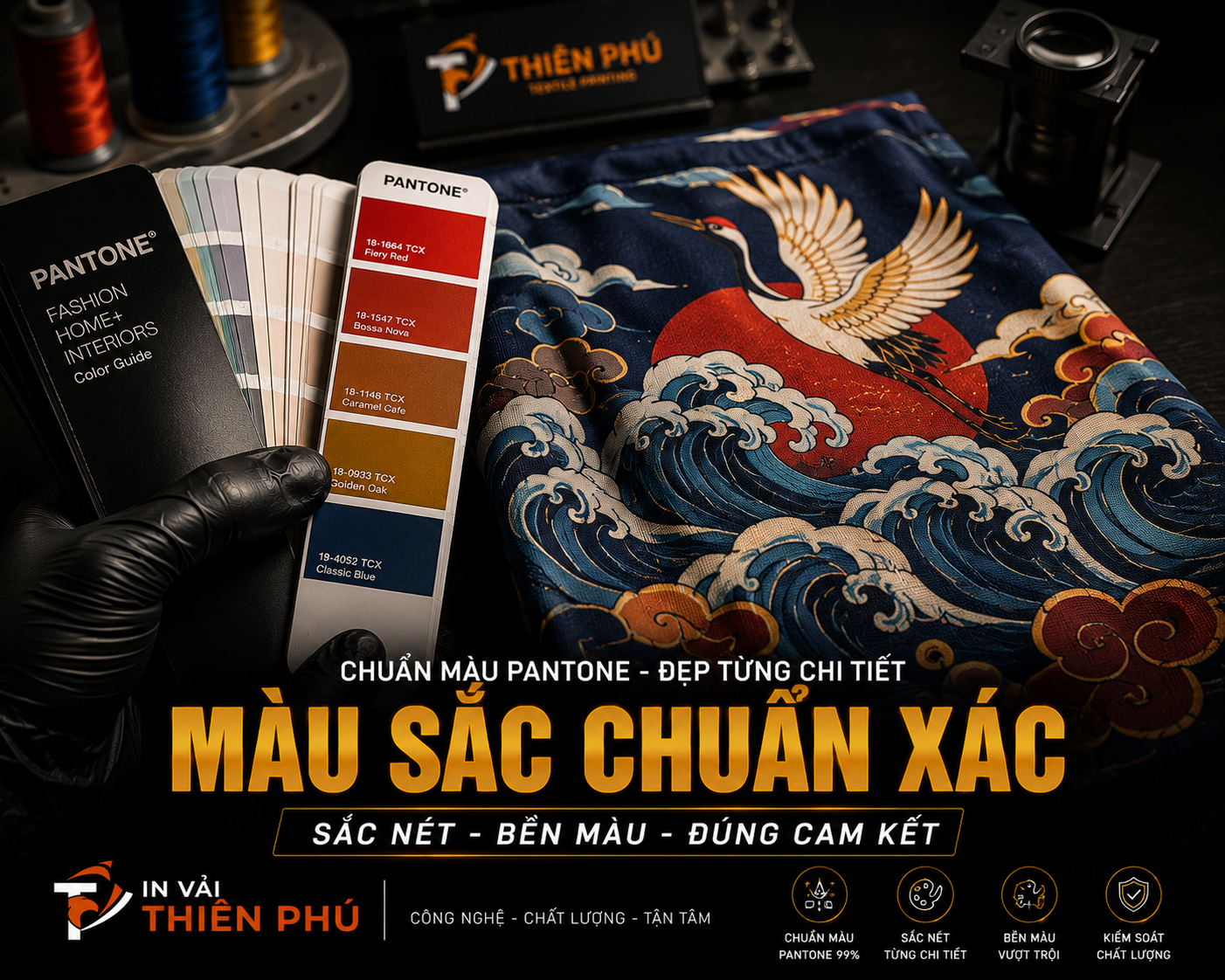 Quy trình kiểm tra chuẩn màu Pantone trong in vải tại xưởng Thiên Phú